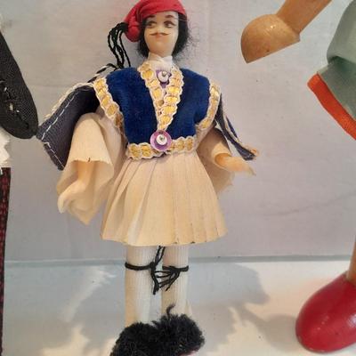 4 Dolls - all wood, peg doll, Vintage Jamaica Souvenir Doll - Vintage composite Souvenir Doll - and small Greek dancer Souvenir Doll