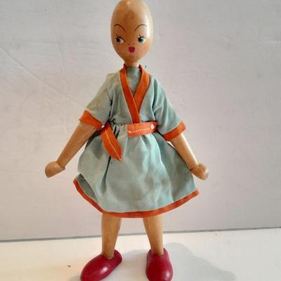 4 Dolls - all wood, peg doll, Vintage Jamaica Souvenir Doll - Vintage composite Souvenir Doll - and small Greek dancer Souvenir Doll