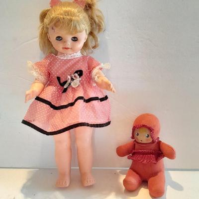 Plastic blonde doll with pig tails and Unknown brand Antique Kewpie like cloth with painted face doll