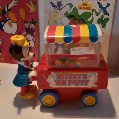 Disney Mickey Mouse Corn popper toy, Disney Comic books and hard plastic figures