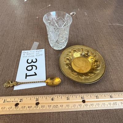 Gold Tin Plate & Spoon w/ Cut Glass Glass