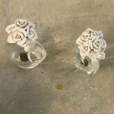 Two Vintage Perfume Bottles with Ceramic Flower Tops