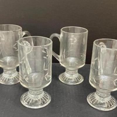 Set of Four Princess House Crystal Heritage Etched Footed Irish Coffee Mugs