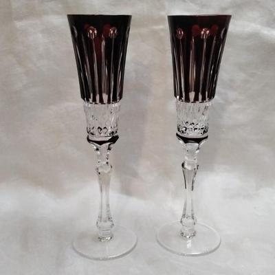 FABERGE Set of 2 XENIA Ruby Red Cut to Clear Crystal Champagne Flutes signed