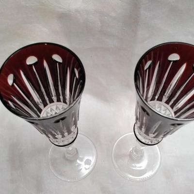 FABERGE Set of 2 XENIA Ruby Red Cut to Clear Crystal Champagne Flutes signed