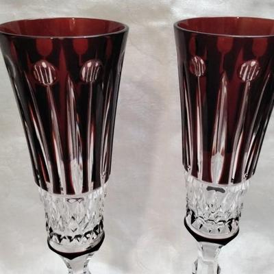 FABERGE Set of 2 XENIA Ruby Red Cut to Clear Crystal Champagne Flutes signed