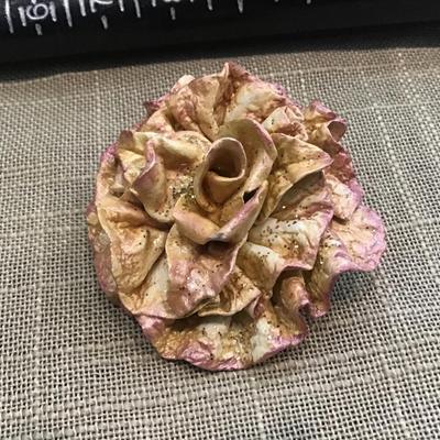 Vintage Large Rose And Gold  Petals Flower Paper Mache Majestic Brooch Pin
