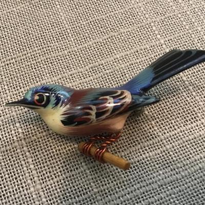 Vintage 1970's Blue Bird Takahashi Style Carved Hand Painted Wooden Brooch Pin