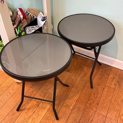 057 Pair of Metal Black Folding Tables with Tempered Glass Top