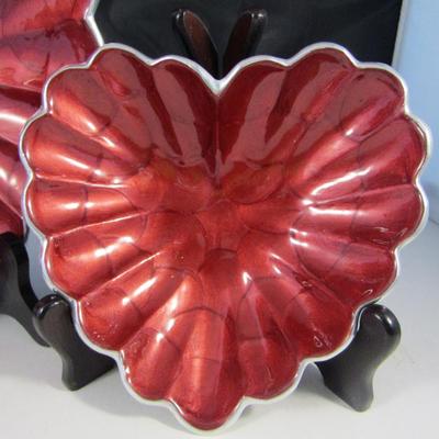 Set of Three Pomegranate Red Enameled Metal Heart Shaped Bowls- Julia Knight