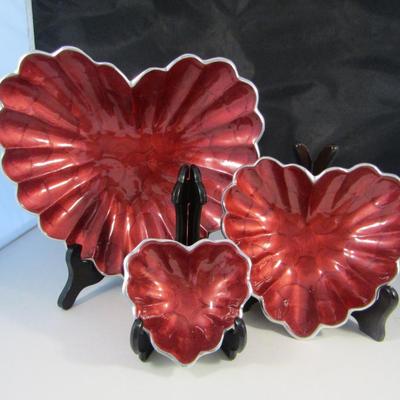 Set of Three Pomegranate Red Enameled Metal Heart Shaped Bowls- Julia Knight