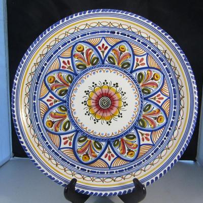 Colorful Hand Painted Pottery Accent Bowl- 13 Inch- Signed by Artist