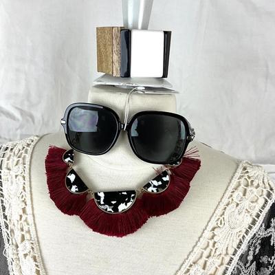 100 Black and White Crochet Trim Shaw with Accent Necklace and Sunglasses