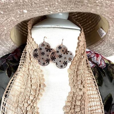 102 Chenile Style Rose and Crochet Trim Shawl with Hat , and  Earrings,