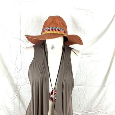 103 Brown Knit Shawl with Aztec Necklace and Straw Hat