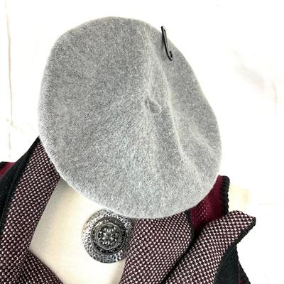 104 Black, Taupe, White, Burgundy Shawl with Necklace and Beret