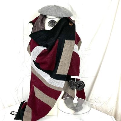104 Black, Taupe, White, Burgundy Shawl with Necklace and Beret