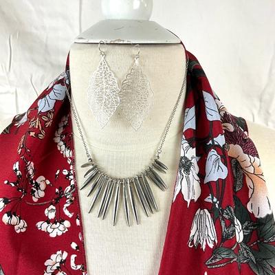 105 Cherry Blossom Shawl with Silvertone Necklace and Earrings