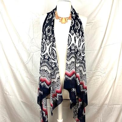 106 Dark Blue, White, Flame Design Shawl with Peach Colored Stone Necklace