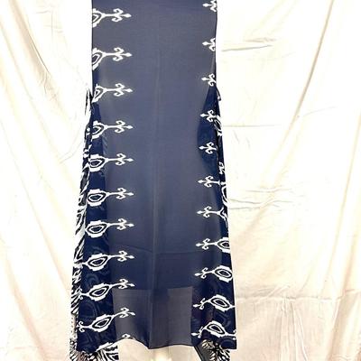 106 Dark Blue, White, Flame Design Shawl with Peach Colored Stone Necklace