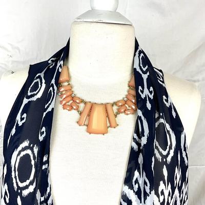 106 Dark Blue, White, Flame Design Shawl with Peach Colored Stone Necklace