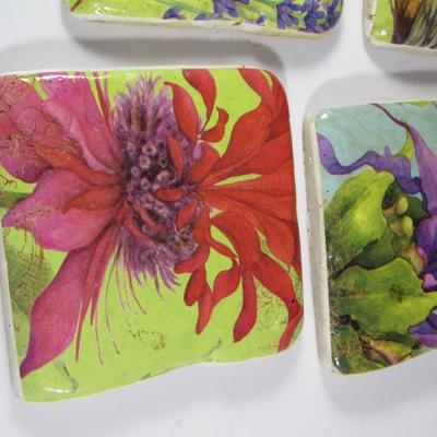 Set of Four Hand Painted Ceramic Tile Coasters by Artist Susan Winget