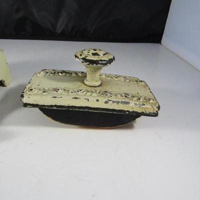 Antique Cast Iron Desktop Work Set includes Inkwell, Stamp, Paperweight, and Paperclip Box