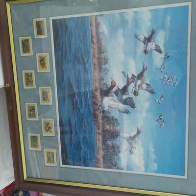 Super Print Of wild ducks "Midday Flight" by David Maass w/ stamps. est. $40 to $100.
