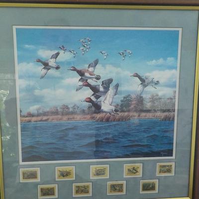 Super Print Of wild ducks "Midday Flight" by David Maass w/ stamps. est. $40 to $100.