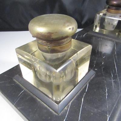 Marble Base Double Glass Inkwell and Stamp Desk Set