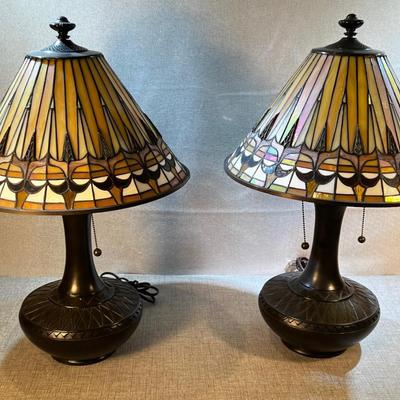 Pair of Tiffany Style Bronze & Stainglass Lamps, Quoizel