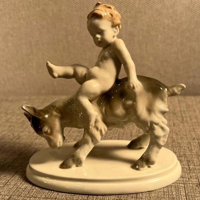 Metzler Ortloff Boy and Goat Antique Porcelain Figurine