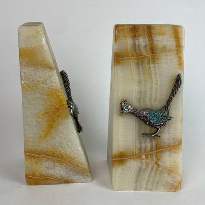 SOUTHWESTERN ONYX w SILVER TURQUOISE ROAD RUNNER BOOKENDS MEXICO 