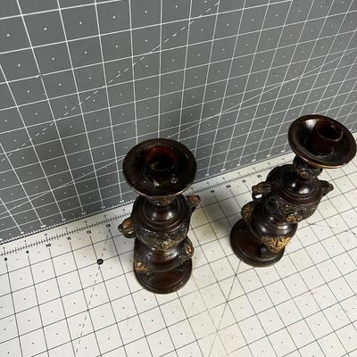 Antique Chinese Bronze Candle Stick Pair
