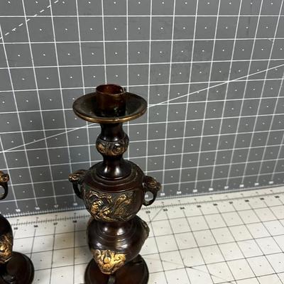 Antique Chinese Bronze Candle Stick Pair