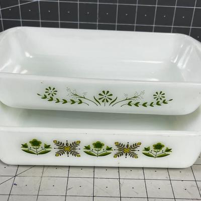2 Fire King Baking Dishes WHITE Plus Green 