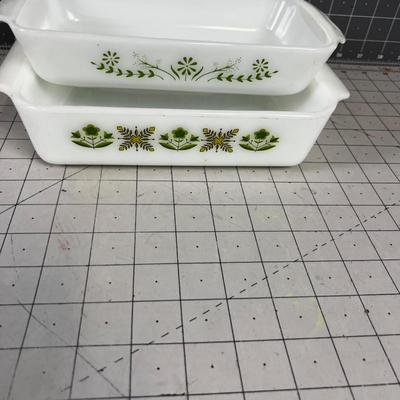 2 Fire King Baking Dishes WHITE Plus Green 