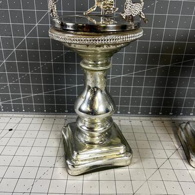 (2) SILVER Candle Stick  with Reindeer