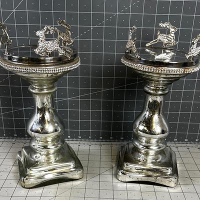 (2) SILVER Candle Stick  with Reindeer