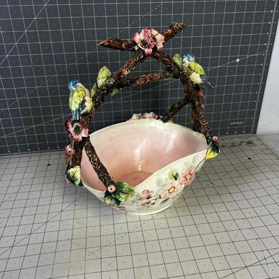 Capodimonte Italian Majolica Hand Painted Floral Bowl with Twigs and Birds 