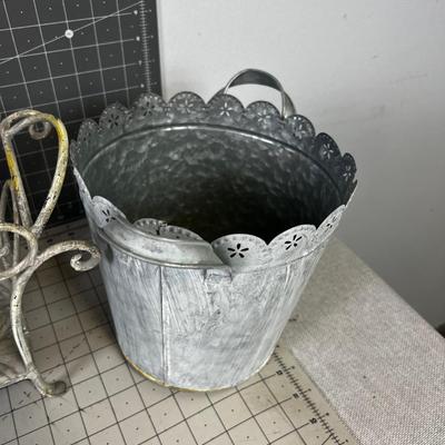 Plant Holder and 2 Tin Decorative Buckets