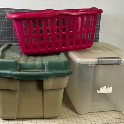 2 STORAGE Tubs and a Laundry Basket