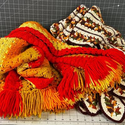 2 Vintage Crocheted Afghans - Fall Season Colors,  Hand Crafted