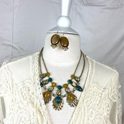 107 Lace Yellow Tie Die Shawl Wrap with Statement Necklace and Earrings