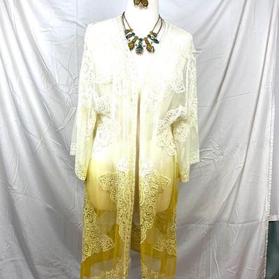 107 Lace Yellow Tie Die Shawl Wrap with Statement Necklace and Earrings