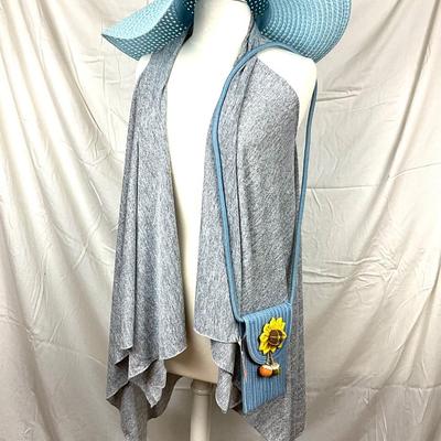 108 Grey Jersey Knit Shawl with Blue Sun Hat and Sunflower Handbag, Ring and Earrings