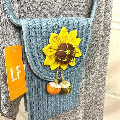 108 Grey Jersey Knit Shawl with Blue Sun Hat and Sunflower Handbag, Ring and Earrings