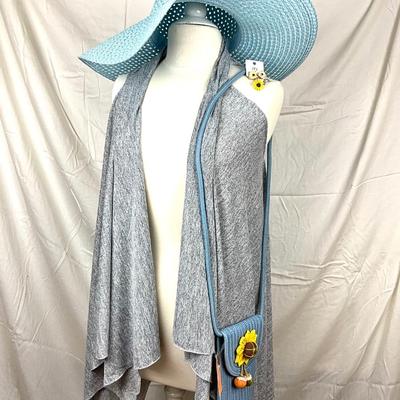 108 Grey Jersey Knit Shawl with Blue Sun Hat and Sunflower Handbag, Ring and Earrings