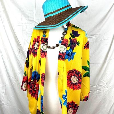109 Bright Yellow Floral Jacket with Sunhat and Necklace