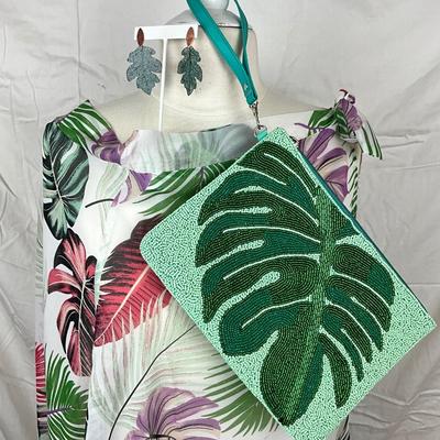 111 Tropical Palm Tree Full Body Wrap/Skirt with Beaded Clutch and Earrings